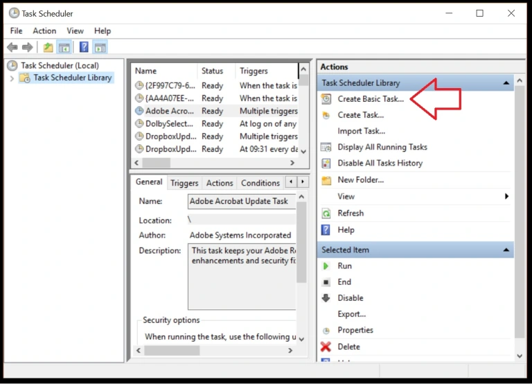 Windows task scheduler screenshot